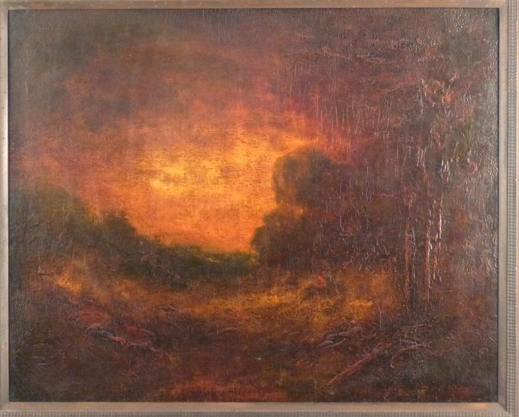 Attrb Ralph Albert Blakelock (American, 1847-1919): Landscape, unsigned, oil on canvas. 27" H X 33 1/2" W (43" X 49 1/2"). Relined, heavy craquelure visible below varnish.