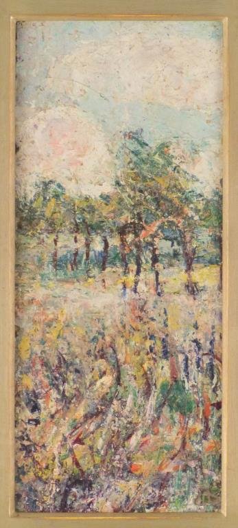 Attrb. Ernest Lawson (Canadian, 1873-1939) - Oil: Landscape, unsigned, oil on canvas laid down on board. 11 1/4" H X 5" W (17 1/2" X 11 1/4"). Craquelure and losses. Salander-O'Reilly Galleries Label.