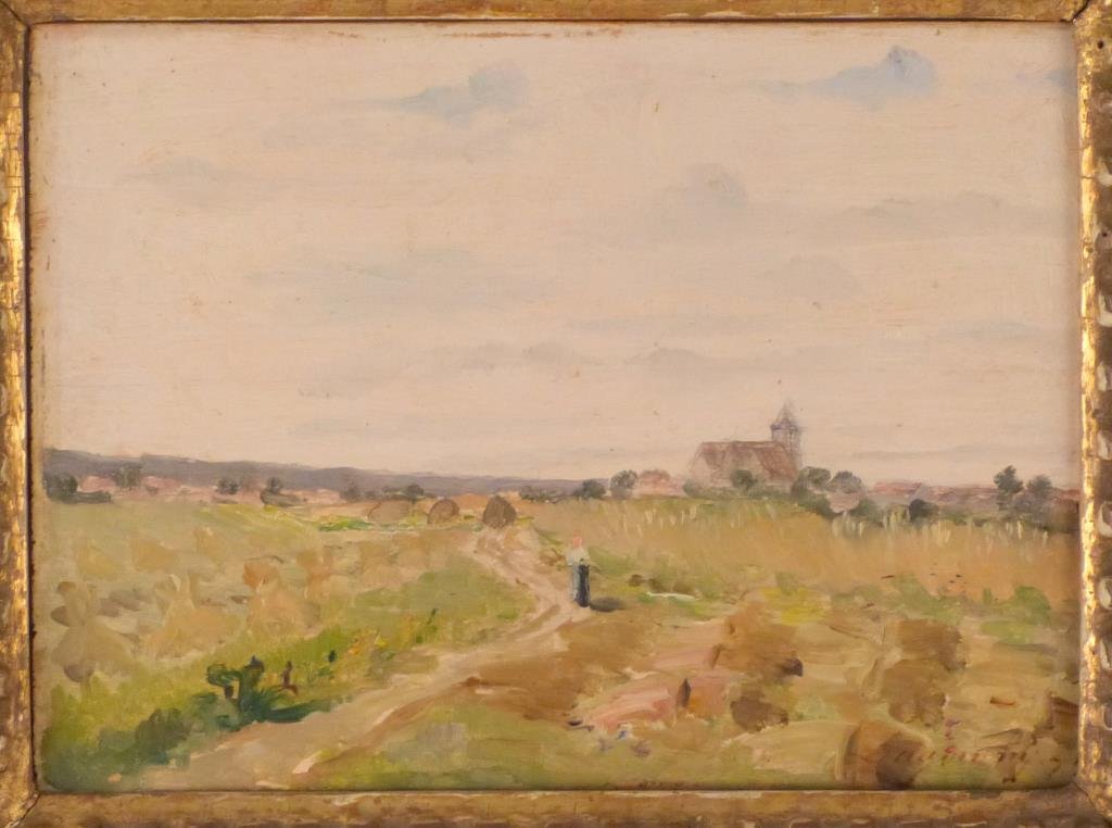 After Charles-Francois Daubigny (1817 - 1878): Oil on panel. "Les Moissons a Barbizon," signed lower right. 6 1/8" H X 8 1/8" W (10 1/4" X 12 1/2"). Davis Galleries, NYC label.