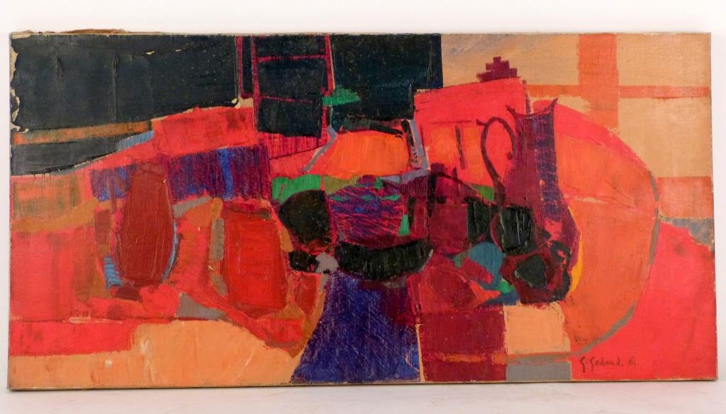 Gabriel Godard (French, b. 1933) - Oil on Canvas: "N.M. Rouge en Arabesques," signed and dated '61 lower right. 19 1/2" H X 39 1/4" W. Losses to paint. Findlay Galleries stamp on verso.