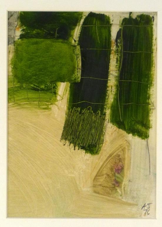 Signed A.J. - Mixed Media: Abstract, signed lower right, on paper. 7" X 5" (12 1/2" X 10 1/2").