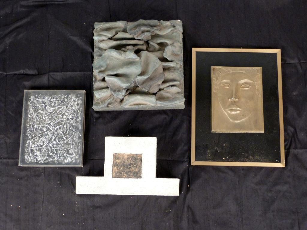 4 Wall Mounted Modern Sculptures: Signed D. Lerman, Susan Nakata, Rex Lau, and Robert Houston. Largest: 16 1/2" H X 12 1/4" W.