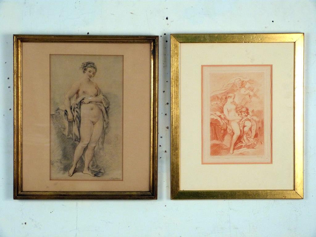 Signed François Boucher- Drawing & Print: Mixed media on laid paper, study of a nude, signed lower right, 13" H X 8" W (17 1/2" X 15"); together with an intaglio print signed Boucher in plate.