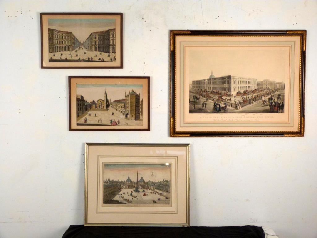 4 Framed Prints- Street Scenes: 2 similar color engravings (frames: 13" H X 19 1/2" W), color engraving of Paris (central vertical crease), and reproduction lithograph "A North East View of the New General Post Office."