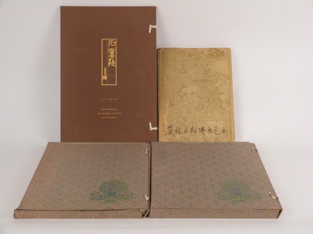 4 Asian Art Volumes: Chinese and Tibetan elephant folios, including Tibetan Buddhist Woodcut Painting, Masterpieces of Chinese Painting, and 2 volumes of The Sixteen Netens. Largest: 19 1/2" H X 14" W.
