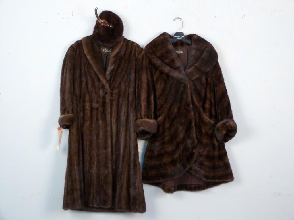 2 Fur Coats and a Fur Hat: Full and 3/4 length coats, together with a similar hat.
