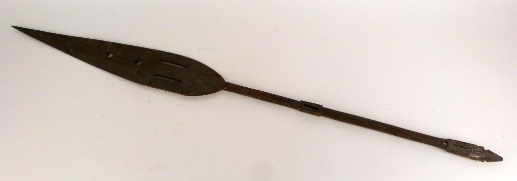 Pacific Island Carved Wood Spear: Geometric decoration. 57 1/2" L.