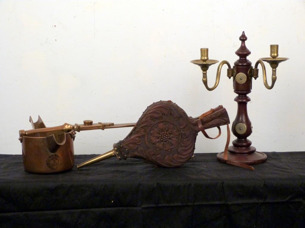 3 Assorted Articles: Copper pot (23" L), 2 light wood and brass candelabra (16 1/2" H), carved wood fire blower.