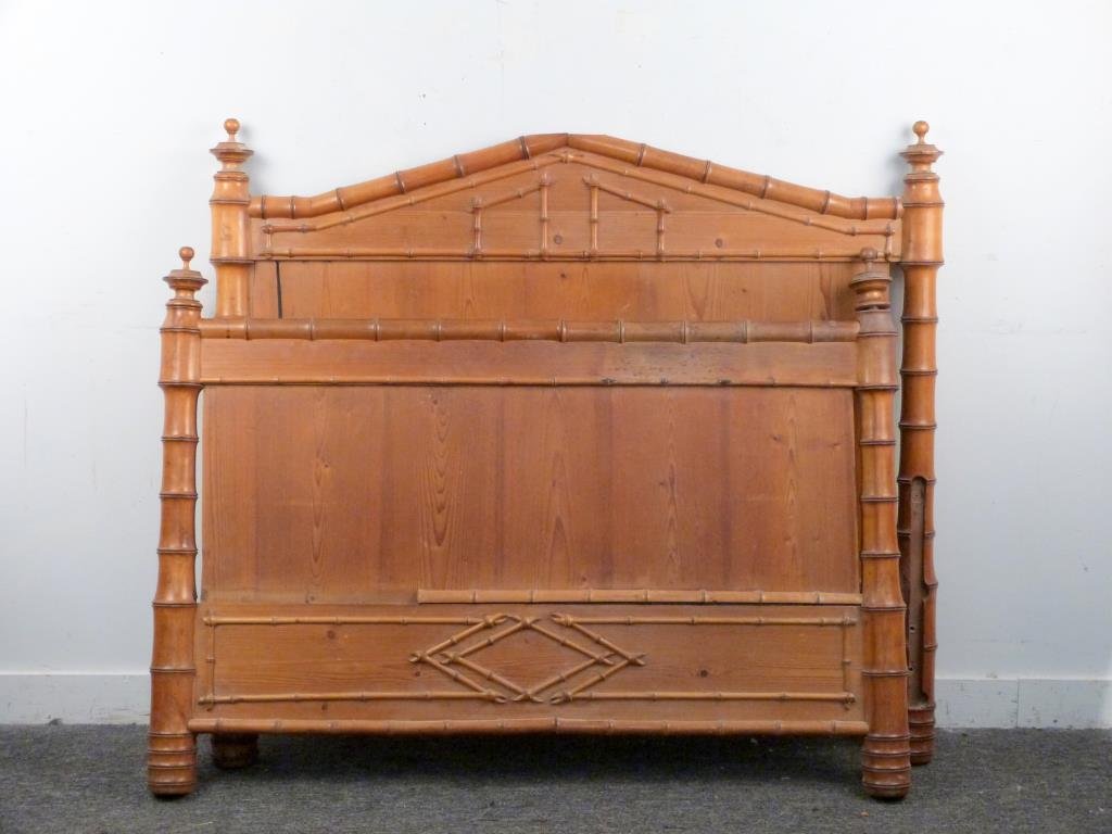 English Regency Faux Bamboo Bed: Headboard, footboard, and rails. Headboard: 50 1/2" W X 54" H. Missing some adjoining elements.