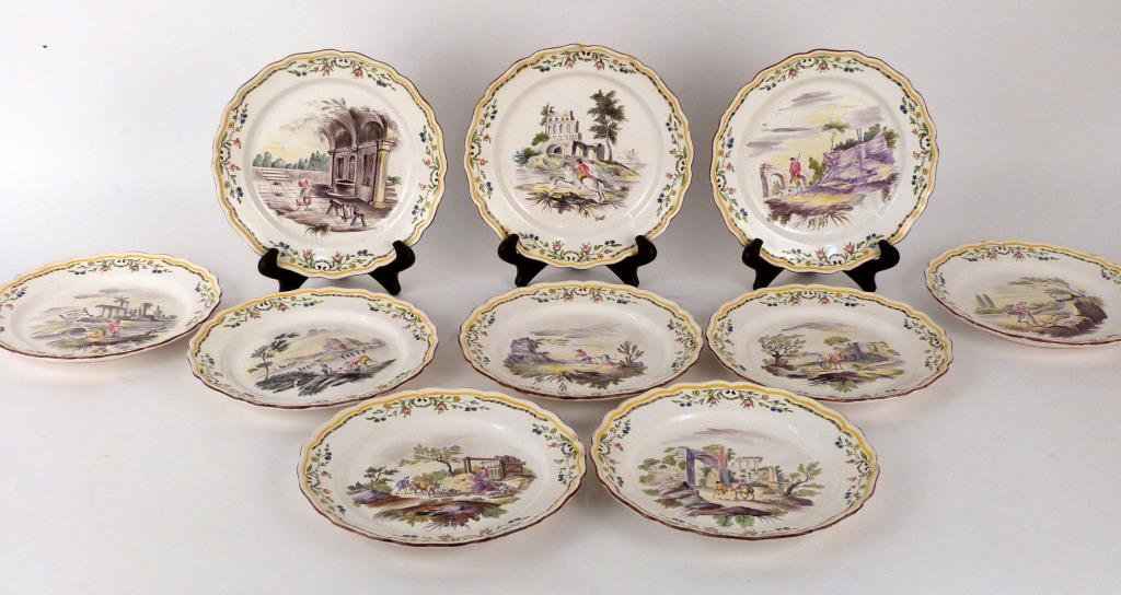 10 English Ironstone Plates: Each individual and hand painted. 9 1/2" D. Most with small rim chips.