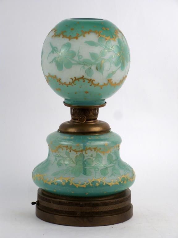 Gone with the Wind Lamp: Converted to electric, brass frame, 2 art glass globes. 20" H.