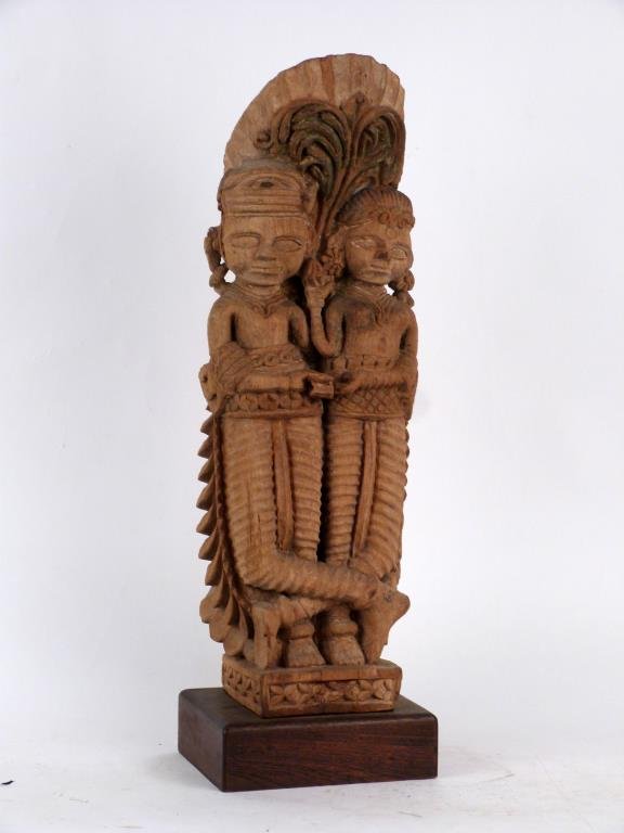 Indonesian Style Caved Wood Pillar: Depicting 2 figures. 26" H (including 2 1/2" base).