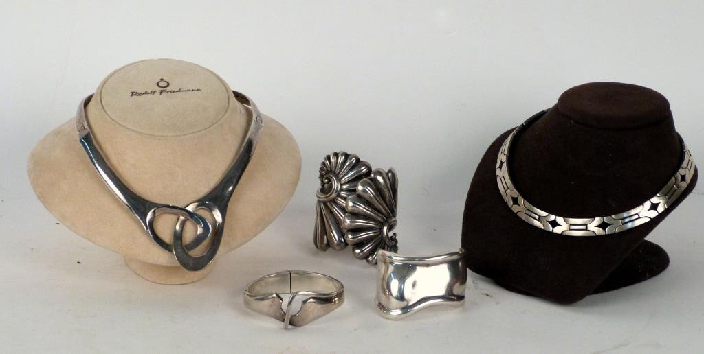 5 Modernist Sterling Jewelry Articles: Including Mexican and Elsa Perretti for Tiffany. 12 troy ounces. (320 Central Park West Estate)