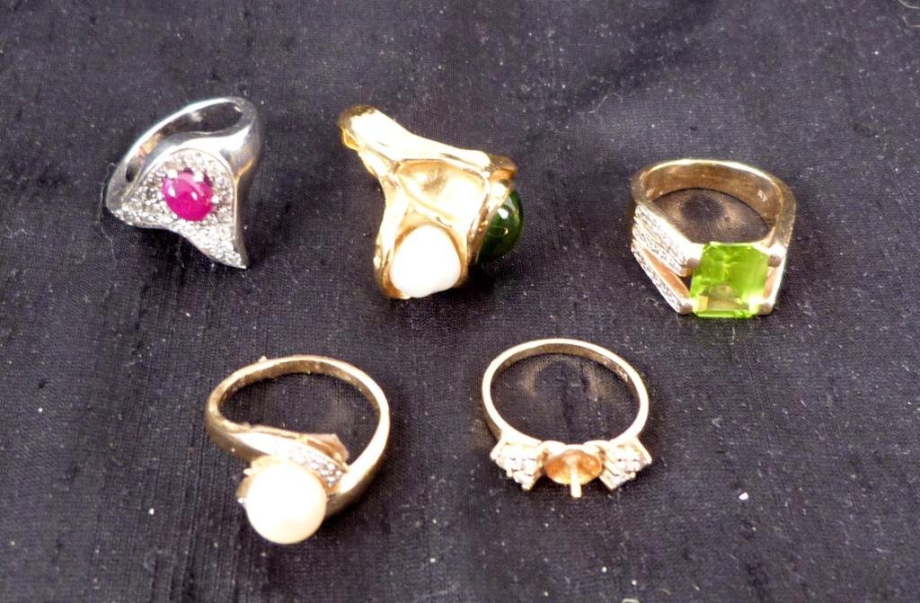 5 - 14K Gold and Colored Stone Rings: Pearl and other stones. 26 grams total weight. (320 Central Park West Estate)