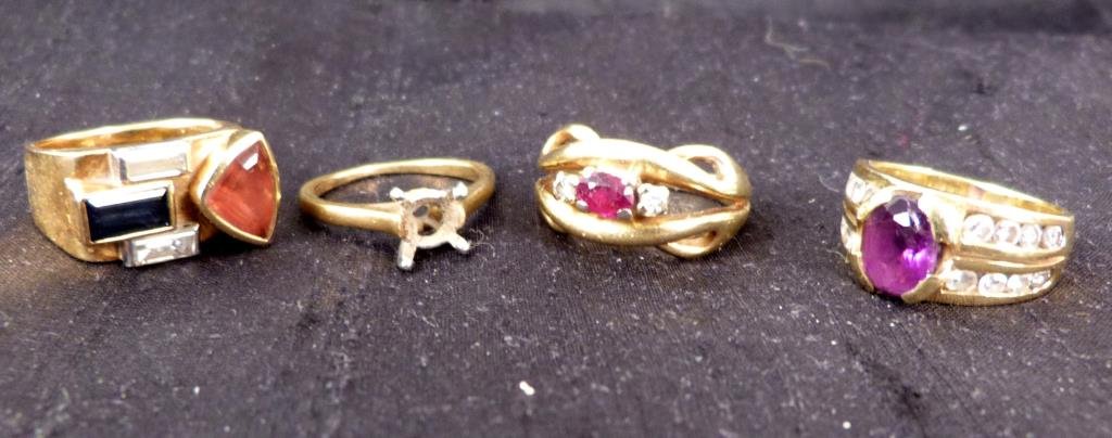 4 - 18K Gold and Colored Stone Rings: Small diamonds and other stones. One ring with no stone. 22 grams total weight. (320 Central Park West Estate)