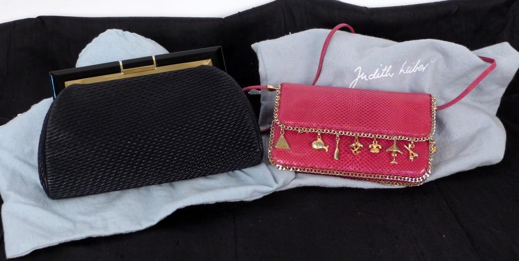 2 Judith Leiber Handbags: Both with accessories and dust bags, one snakeskin. Larger 10" W X 6 1/2" H. (320 Central Park West Estate)