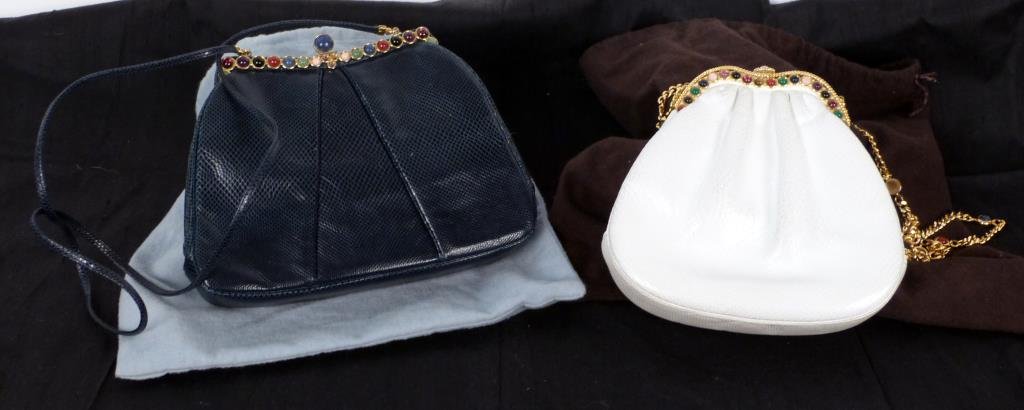 2 Judith Leiber Handbags: Both snakeskin with accessories and dust bags. Larger 9 1/2" W X 7 1/2" H. (320 Central Park West Estate)