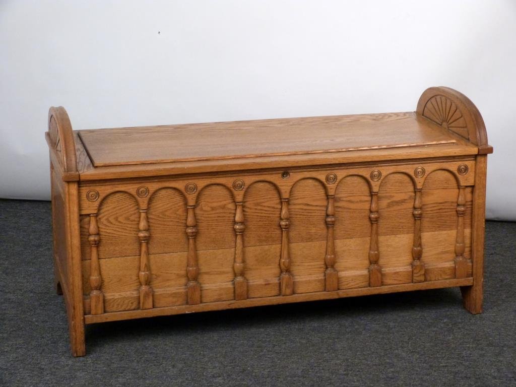 Oak Trunk Bench: Cedar lined, carved wood, arcade motif. 49" W X 19 1/2" D X 24 1/2" H. (Rye, NY Estate)