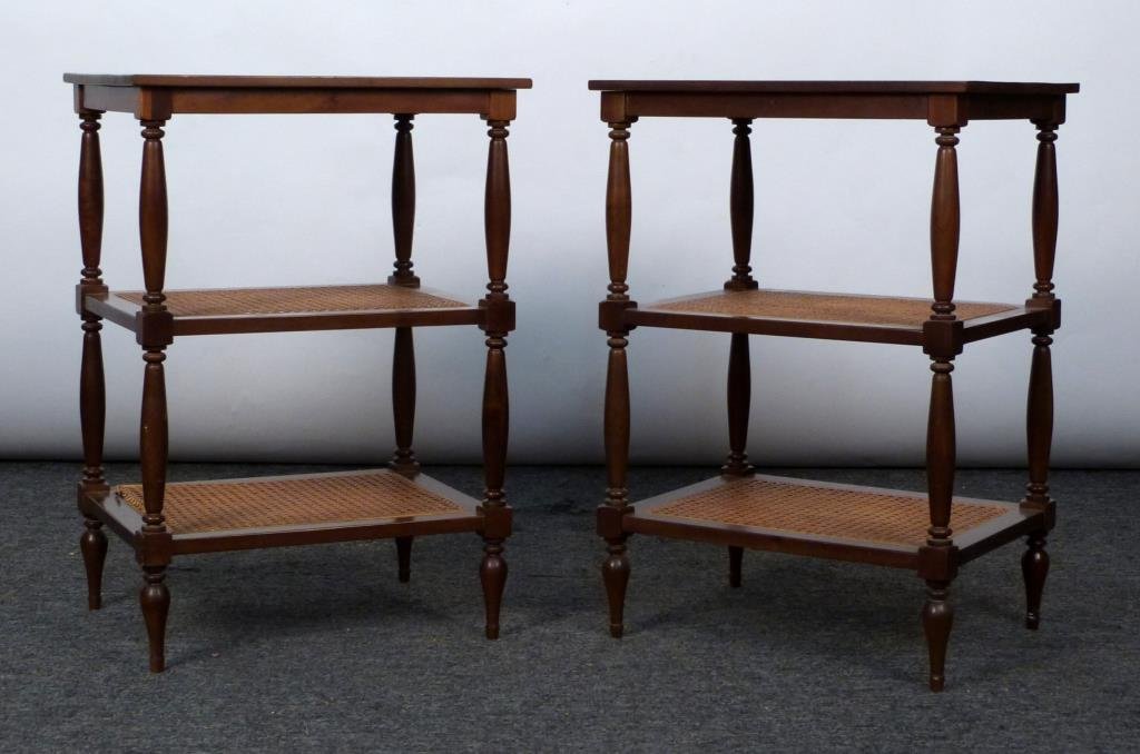 Pair of 3 Tier Stands: Turned wood supports, caned lower shelves. 18 1/2" W X 15" D X 27" H. (320 Central Park West Estate)