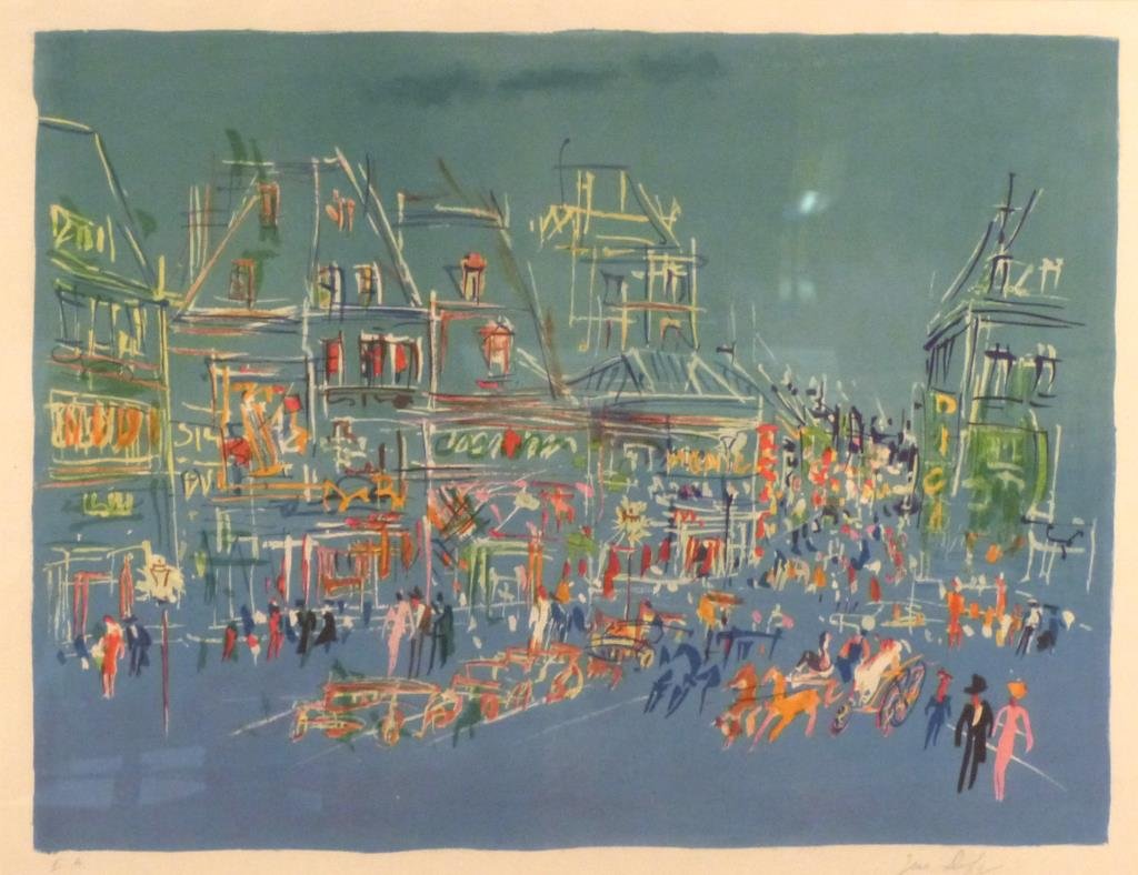 Jean Dufy (French, 1888-1964) - Lithograph: Promenade, lithograph on wove paper, signed lower right, marked E.A. 18 1/2" H X 25" W (27" X 33"). (From an 800 5th Avenue Apartment).
