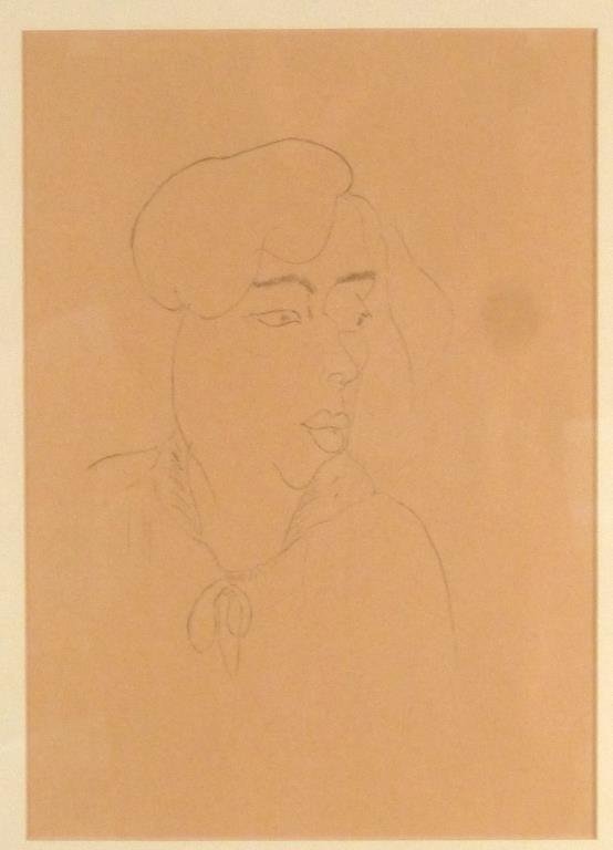 After Matisse - Drawing: Figure in profile, graphite on light brown paper, unsigned. 13 1/2" H X 9 1/2" W (24" X 20").