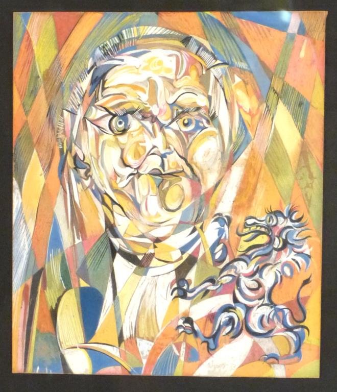 Unsigned - Gouache on Brown Wove Paper: Cubist study of a woman with dragon. 13" H X 11" W (25" X 23").