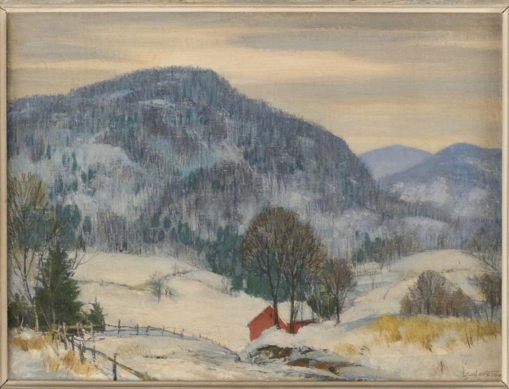 Leon Soderston (American XX) - Oil on Board: Winter landscape, signed lower right. 1950 Salmagundi Club Label on verso. 12" H X 15 1/2" (17" X 20 1/2").