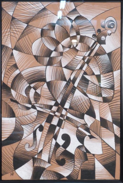 William Alexander - Work on Paper: Cubist figure playing cello, crayon on brown paper laid down on foam core, monogram lower left. 351/2" H X 233/4" W. (43" X 31")