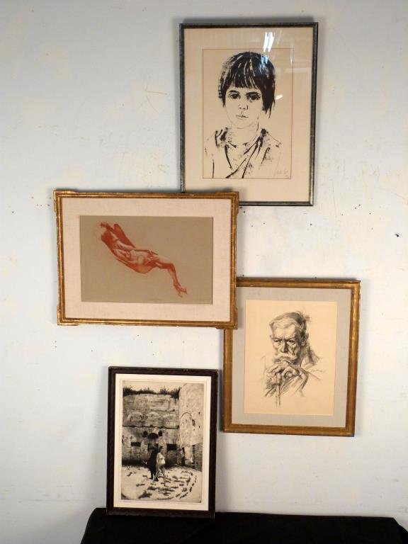 3 Prints & 1 Drawing: Moshe Gat Lithograph, "The Butterfly Chair" intaglio print (illegibly signed), charcoal drawing of an old man (illegibly signed), and Charles Wells etching. Moshe Gat: frame: 27" H X 20 1/2" W.
