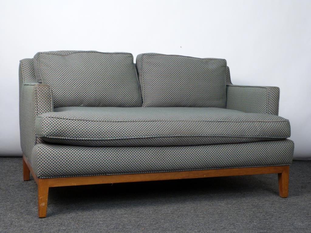 Mid-Century Style Tuxedo Settee: Dunbar Style. Upholstered wood frame. 53" W X 35" D X 28 1/2" H. (145 Central Park West Estate)