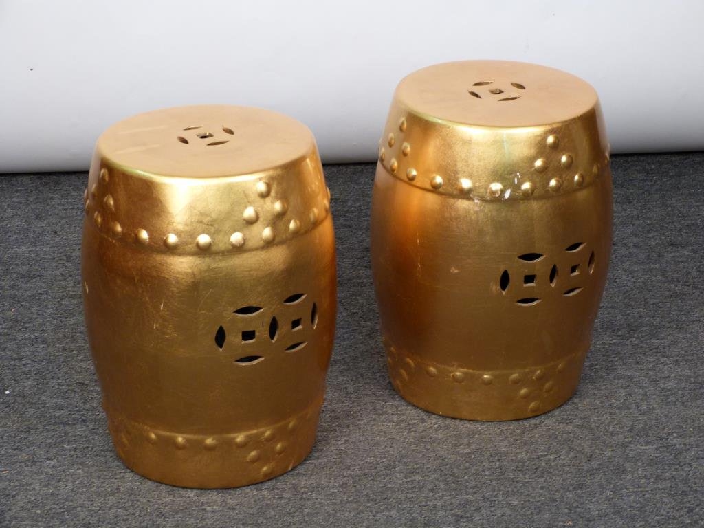 Pair of Gilt Decorated Chinese Garden Stools: Porcelain. 13" D. X 18" H. Some loss to finish. (320 Central Park West Estate)