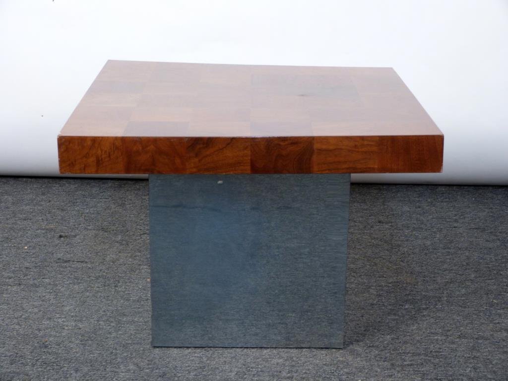 Milo Baughman for Thayer Coggin Occasional Table: Square parquetry top on chrome veneered base. 30" square X 21 1/2" H. As is. (320 Central Park West Estate)