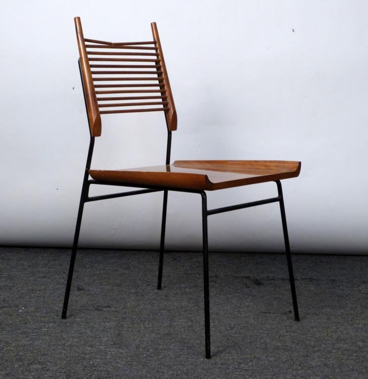 Paul McCobb Ladder Back Chair with Sled Seat: Wood seat and dowel back with rod-iron legs,18" W X 18 1/2" D X 34" H. Top Dowel As is. (145 Central Park West Estate)