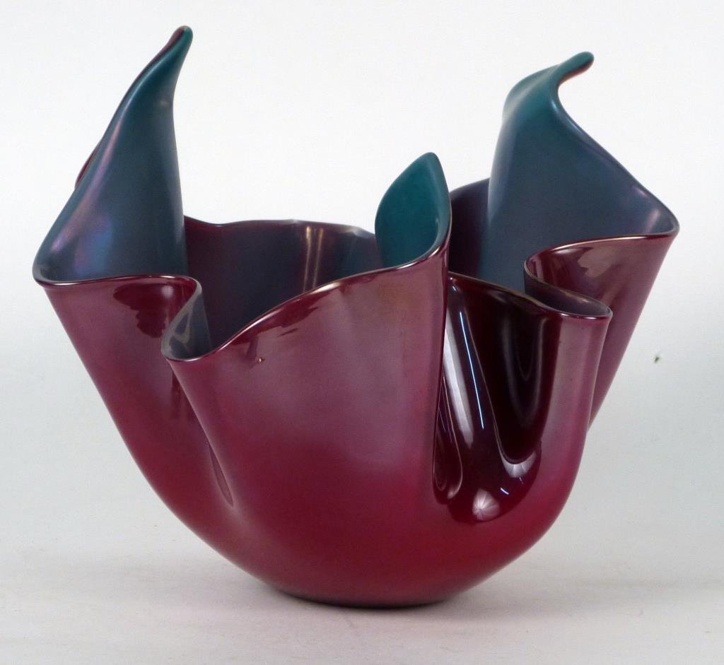 Venini Handkerchief Vase: Red and grey glass, marked. 7 1/2" H. (145 Central Park West Estate)