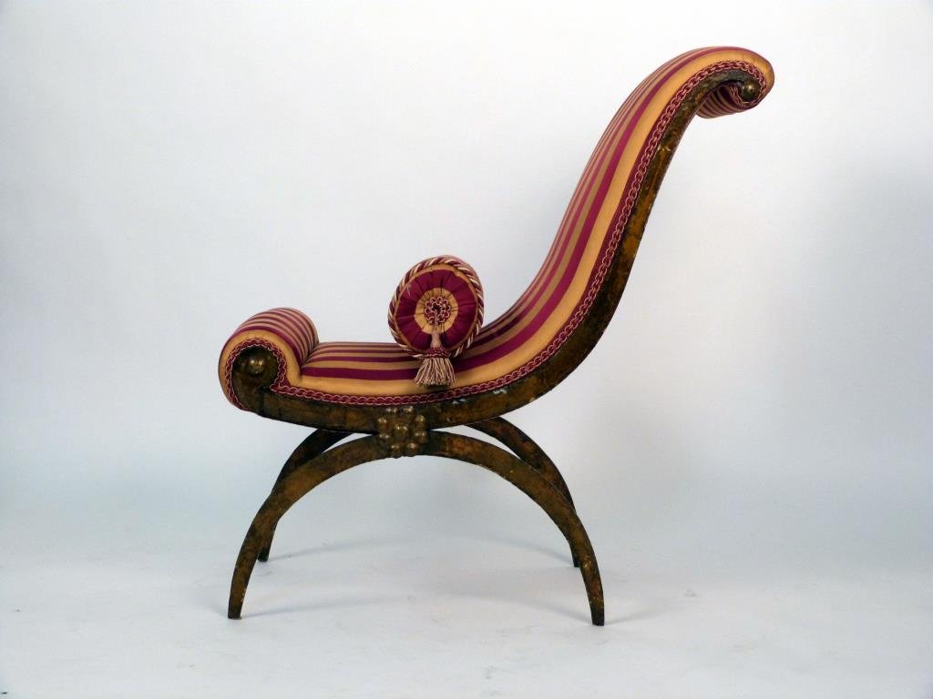 Art Deco Style Slipper Chair: Striped upholstery on gilt metal frame, with bolster cushion. 18" W X 30" D X 35" H. (From an East Side Townhouse)