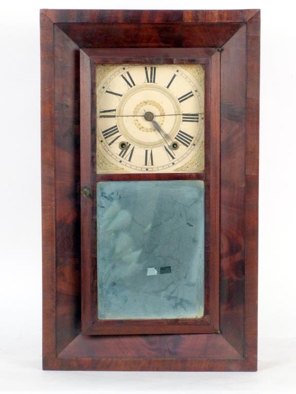 Oliver Weldon Antique American Clock: OGEE frame, Wood face and gears, wood case and mirrored door. 25 1/2" H. X 15" W. As is. (Rye, NY Estate)