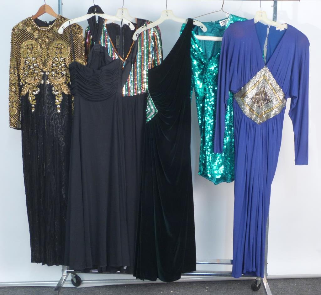 Vintage Ladies Cocktail Dresses (6): 6, brands including Riazee, Estevez, Albert Nippon, etc. Sized approx. 8-10. (Rye, NY Estate)