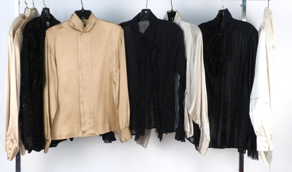 8 Ladies Silk Blouses: Neutral and blacks, brands including Starington, Escada, Le Caviar, and Helene Sidel. Small sizes. (320 Central Park West Estate)