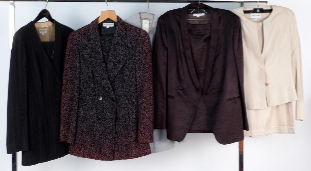 5 Giorgio Armani Ladies Suits: Various materials, 2 with skirts, 3 with pants. Small sizes. (320 Central Park West Estate)