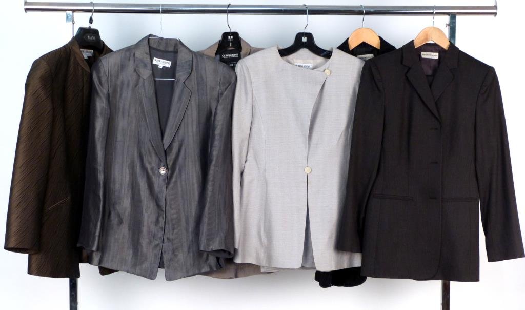 6 Giorgio Armani & Emporio Armani Suits & Jackets: 3 jackets, 3 pant suits. Small sizes. (320 Central Park West Estate)