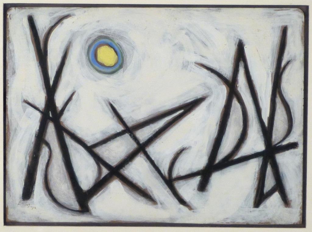 Emlen Etting (American, 1905-1992) - Oil on Board: Winter Sun," signed and dated '72 lower left, framed behind glass. 9 1/2" H X 12 1/2" W. (14 1/2" X 17 1/2"). (145 Central Park West Estate)"