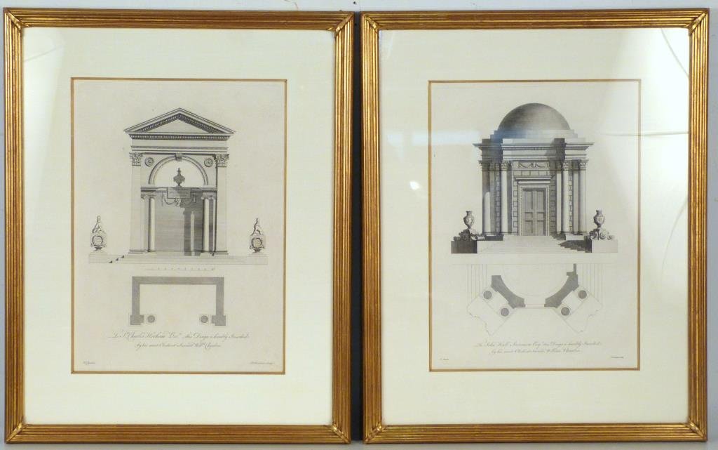 Set of 4 Framed & Matted English Engravings: Decorative Architectural renderings, To; the Earl of Pembroke, Earl of Tilney, John Hall Stevenson Esq, & Sir Charles Hotham Bar, 16 X 12" (25" X 20")"