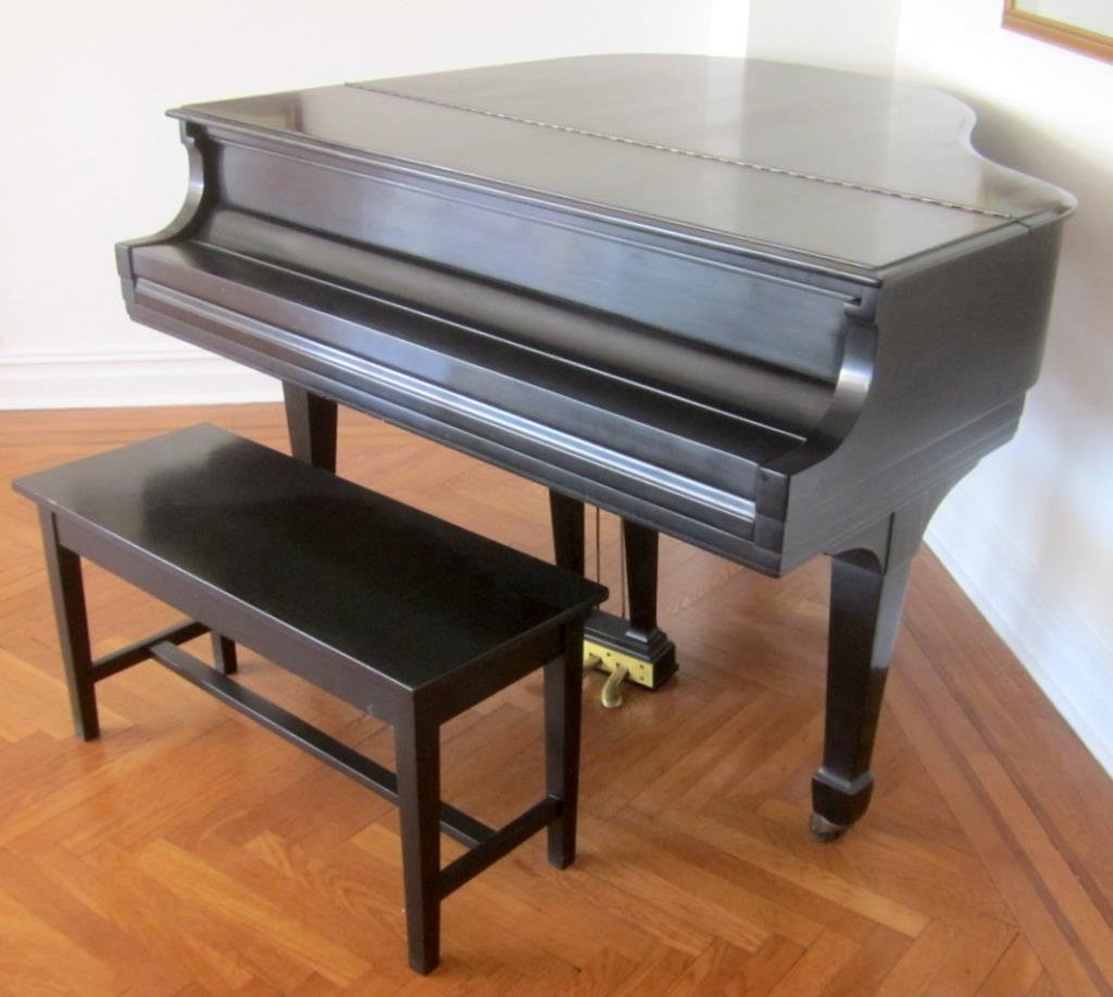 Steinway Ebonized Grand Piano and Bench: Straight Hepplewhite style leg. 3 pedal harp. Bench is not a Steinway bench. Sound board has visible crack. Appears to be an early S" model, 5'2" front to back. No discernable serial number. (320 Cent