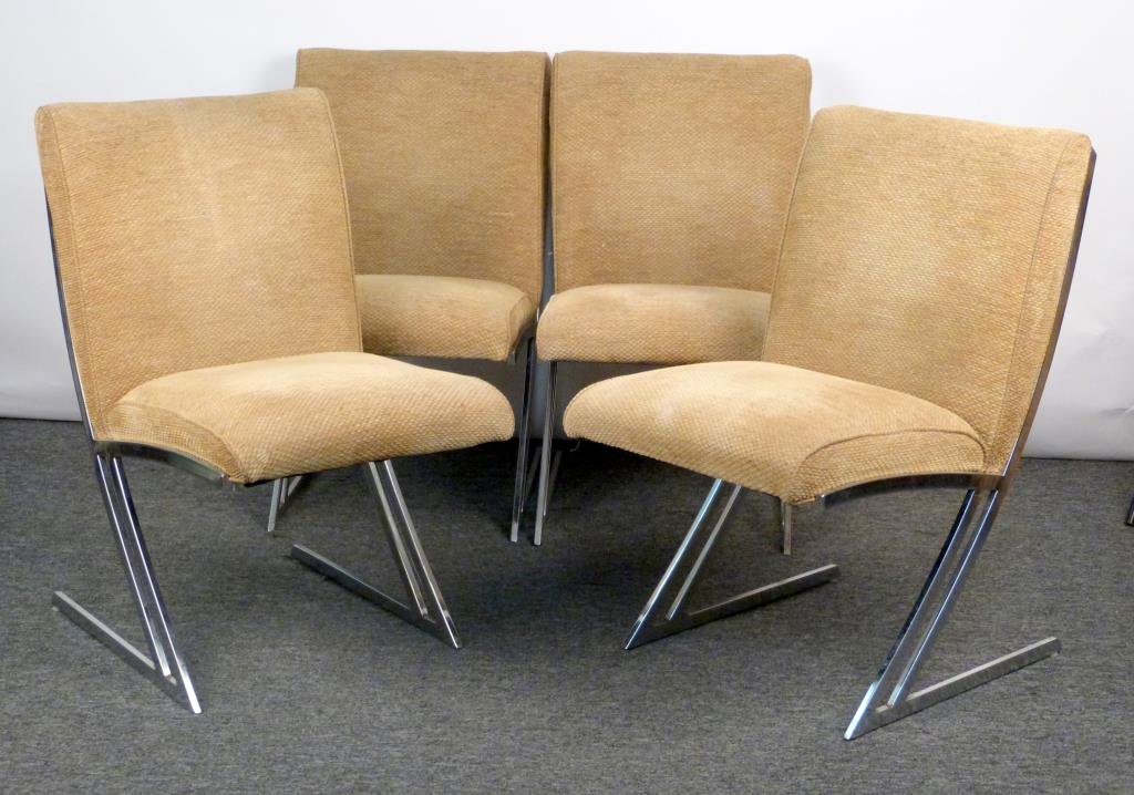 Set of 4 Milo Baughman Style Side Chairs: Upholstered, with cantilevered chrome Z legs. 18 W X 26" D X 34 1/2" H."