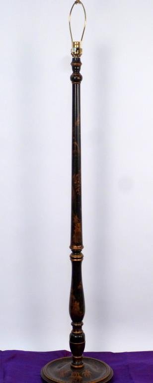 Chinoiserie Floor Lamp: Ebonized wood with gilt decoration. 67 1/2 H (to finial)."
