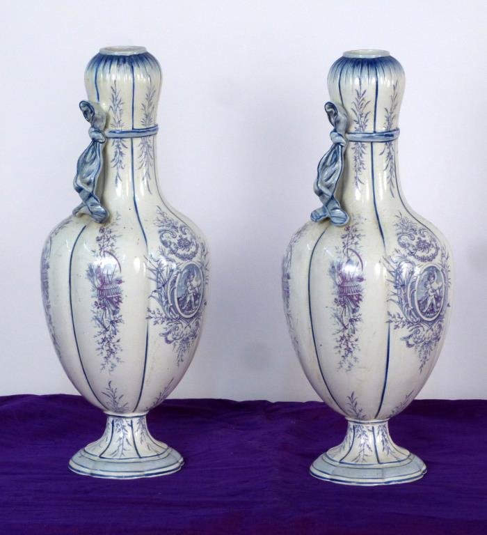 Pair of Gien Faience Vases: French, lobed body, with putti reserves. 14 1/2 H."