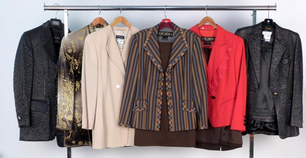 6 Escada Skirt Suits & Separates: Jacket, velvet jacket with matching silk blouse, 2 complete suits, 1 jacket with Ellen Tracy skirt, 1 jacket with 2 skirts. Small sizes. (320 Central Park West Estate)