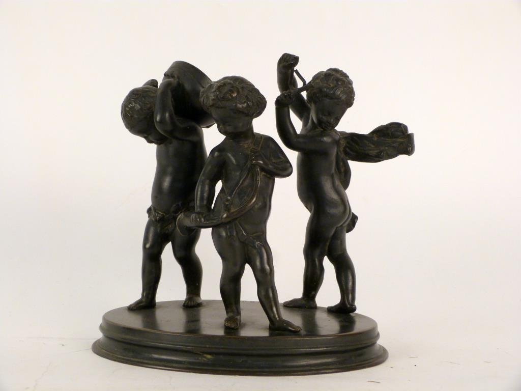 After Claude Michel Clodion - Bronze: 3 putti with musical instruments. 7 H.