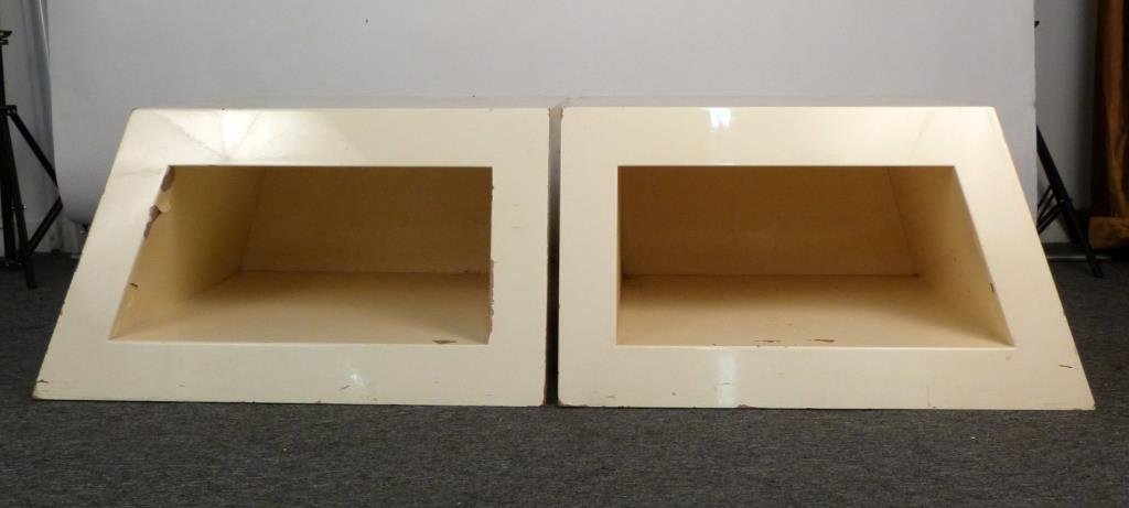 Pair of 70's Lacquered Angular End Tables: Trapezoidal forms with open shelves. 36 W X 33 D X 20 H. As is.