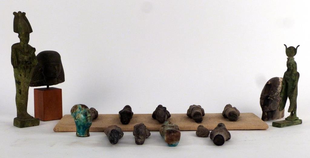 15 Ancient Egyptian Style Articles: Bronze, stone, and finance. Tallest: 11 1/2 H. As is.